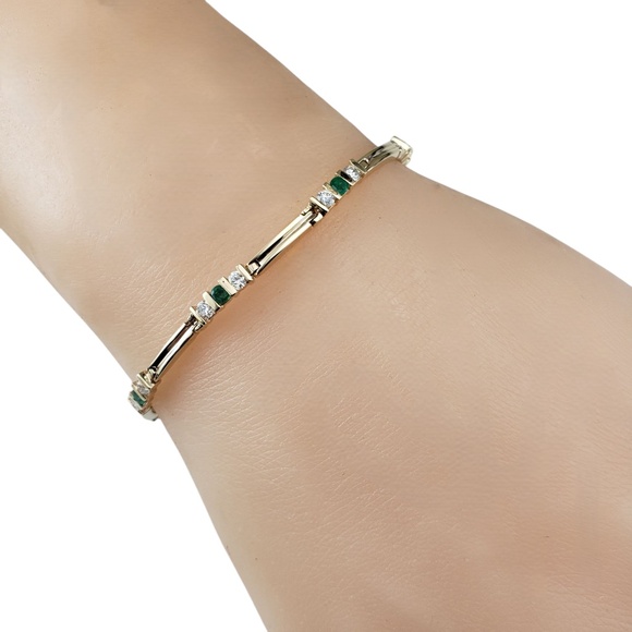 14K Yellow Gold Natural Emerald and Diamond Link Bracelet  #21216 - Picture 9 of 10